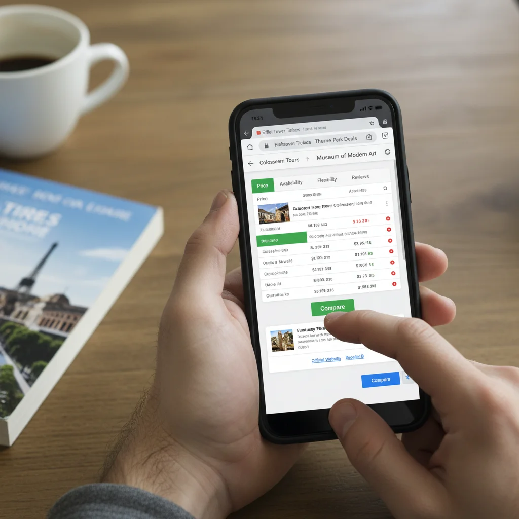 Person comparing attraction ticket prices on a smartphone for smart travel planning.