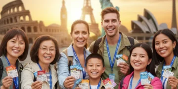 Happy tourists holding attraction passes in a city setting, symbolizing travel savings.