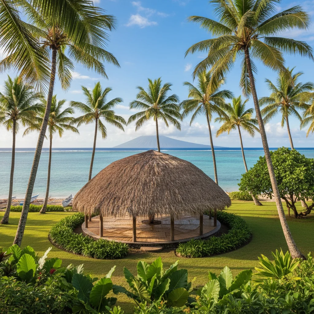 Traditional Samoan fale on a tropical beach in American Samoa.