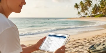 Person reviewing travel insurance policy on a tablet at a tropical beach.