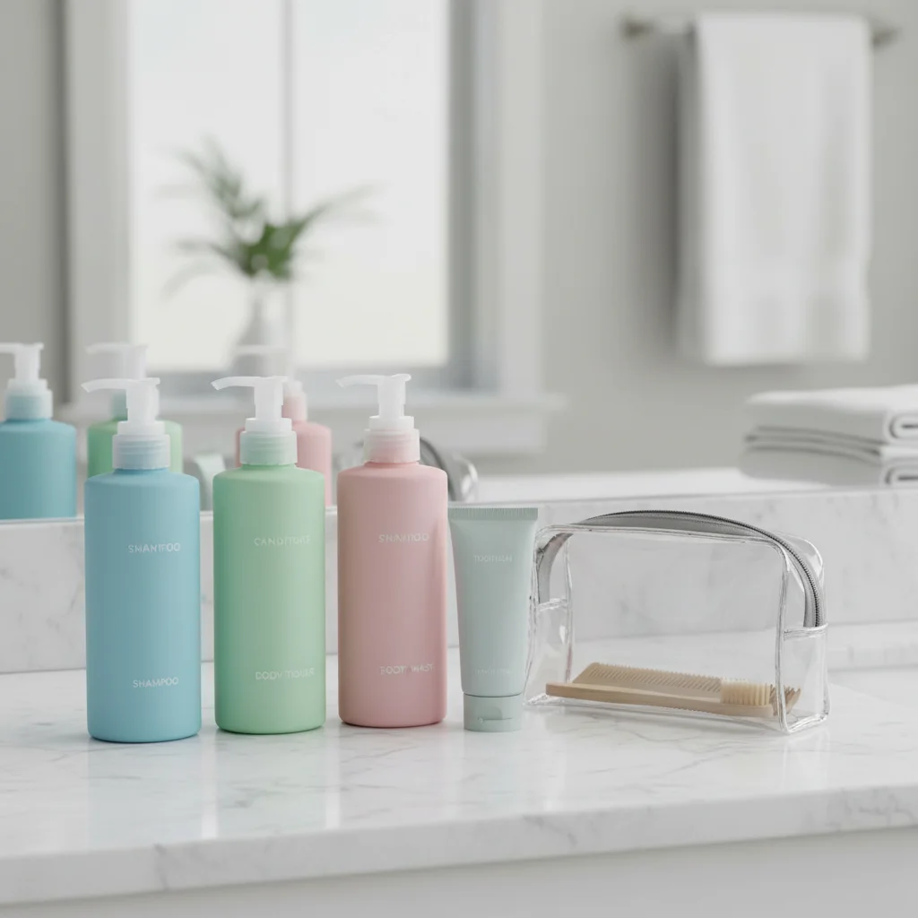 Assortment of travel-sized toiletries and reusable bottles for efficient packing