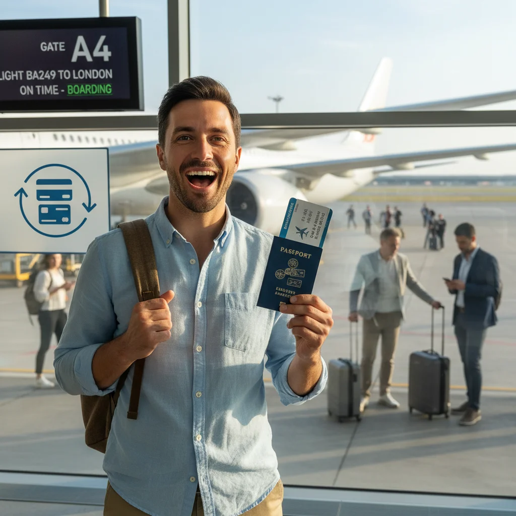 Traveler with boarding pass and passport at airport gate