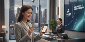 Smiling traveler checking into a modern hotel with a loyalty card