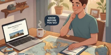 Traveler planning trip with world map and laptop, reviewing insurance documents