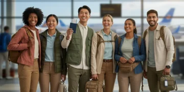 Diverse travelers with luggage at airport, ready for safe domestic journey