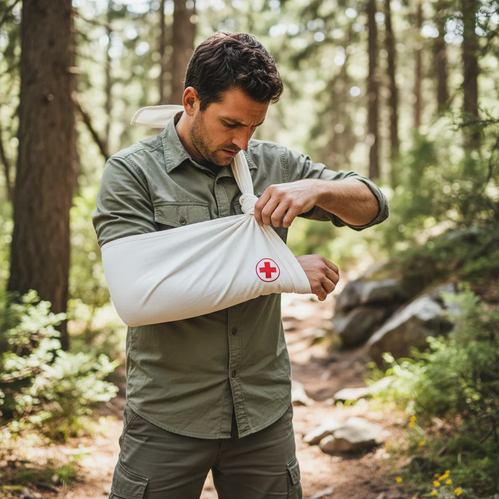 Applying triangular bandage for wilderness first aid arm injury.