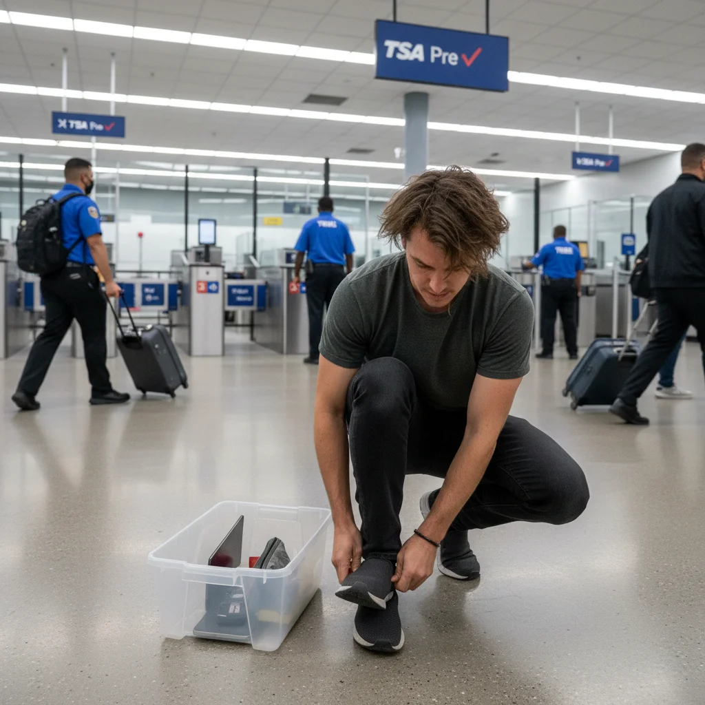 Traveler quickly putting on shoes after TSA PreCheck screening
