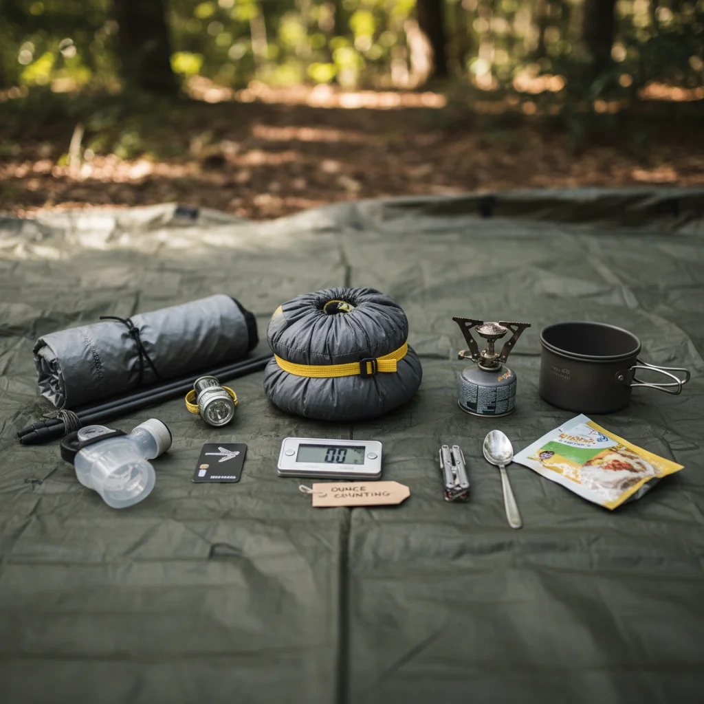Assortment of ultralight backpacking gear items displayed.