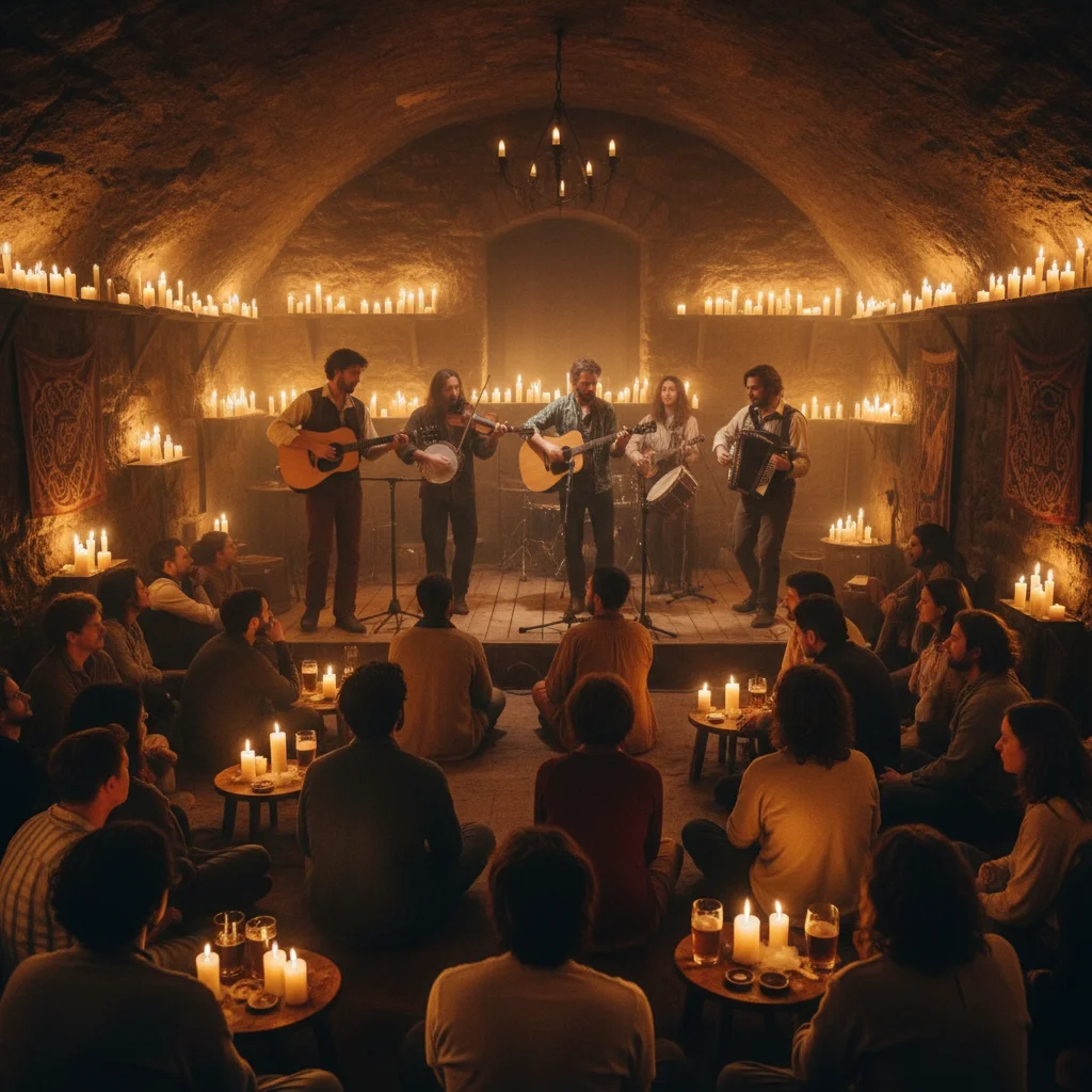 Intimate underground venue with traditional folk music performance