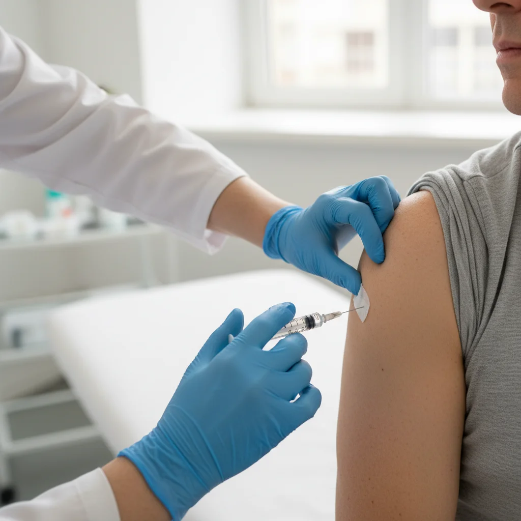 Healthcare professional administering vaccine to adult arm
