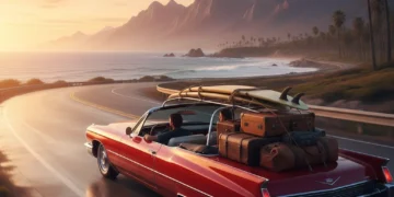 Vintage car on scenic coastal highway at sunset for American road trip