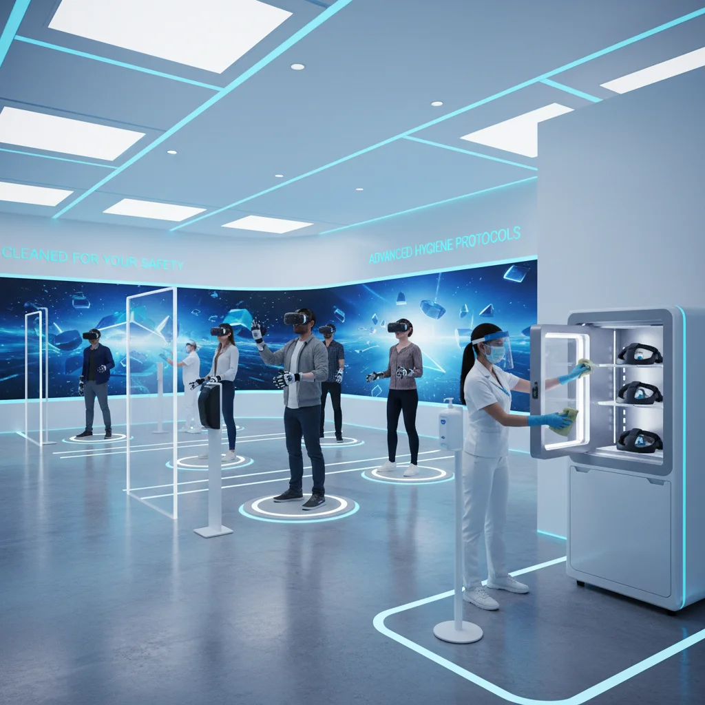 Staff sanitizing VR headsets at attraction