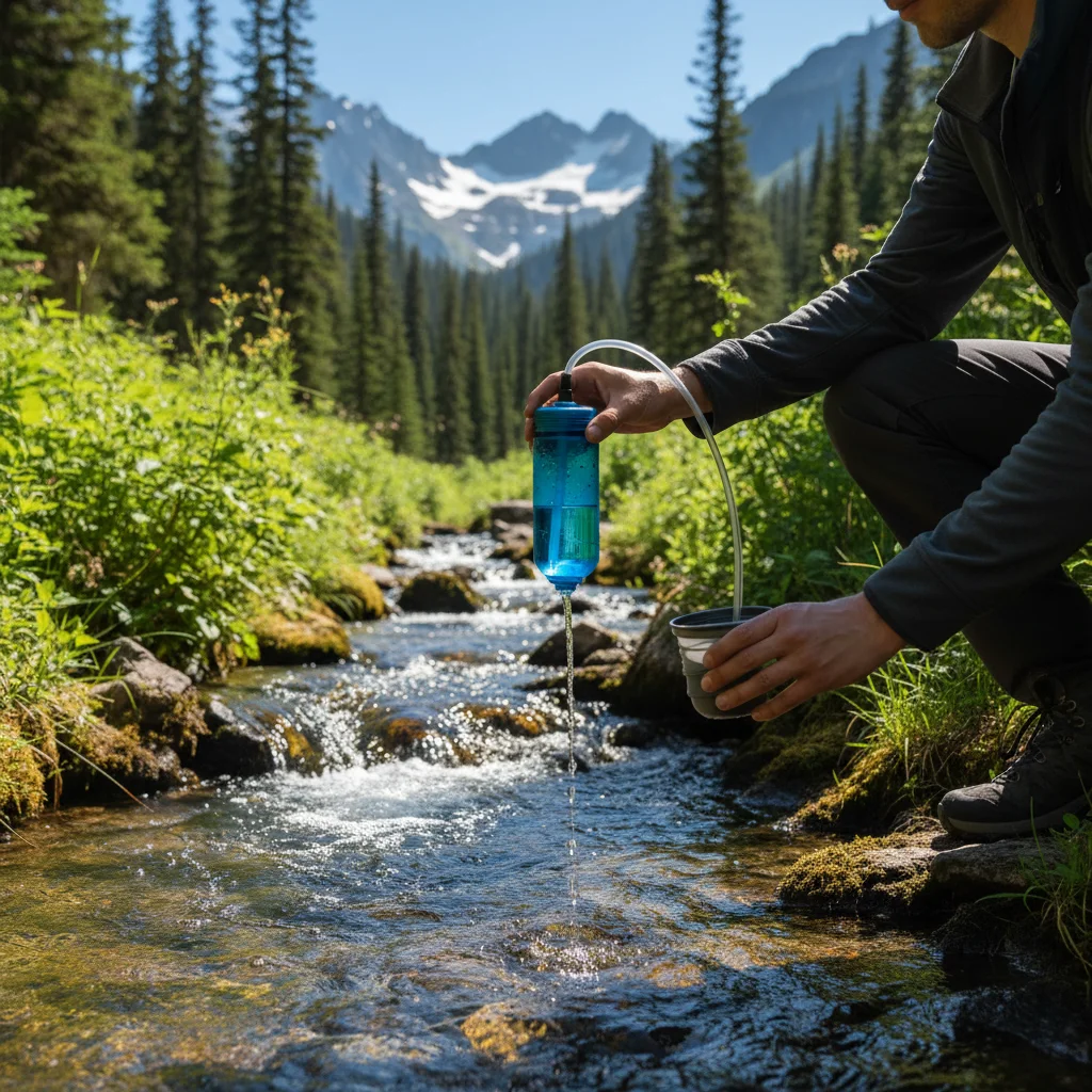 Person purifying water with a compact filter in a national park stream