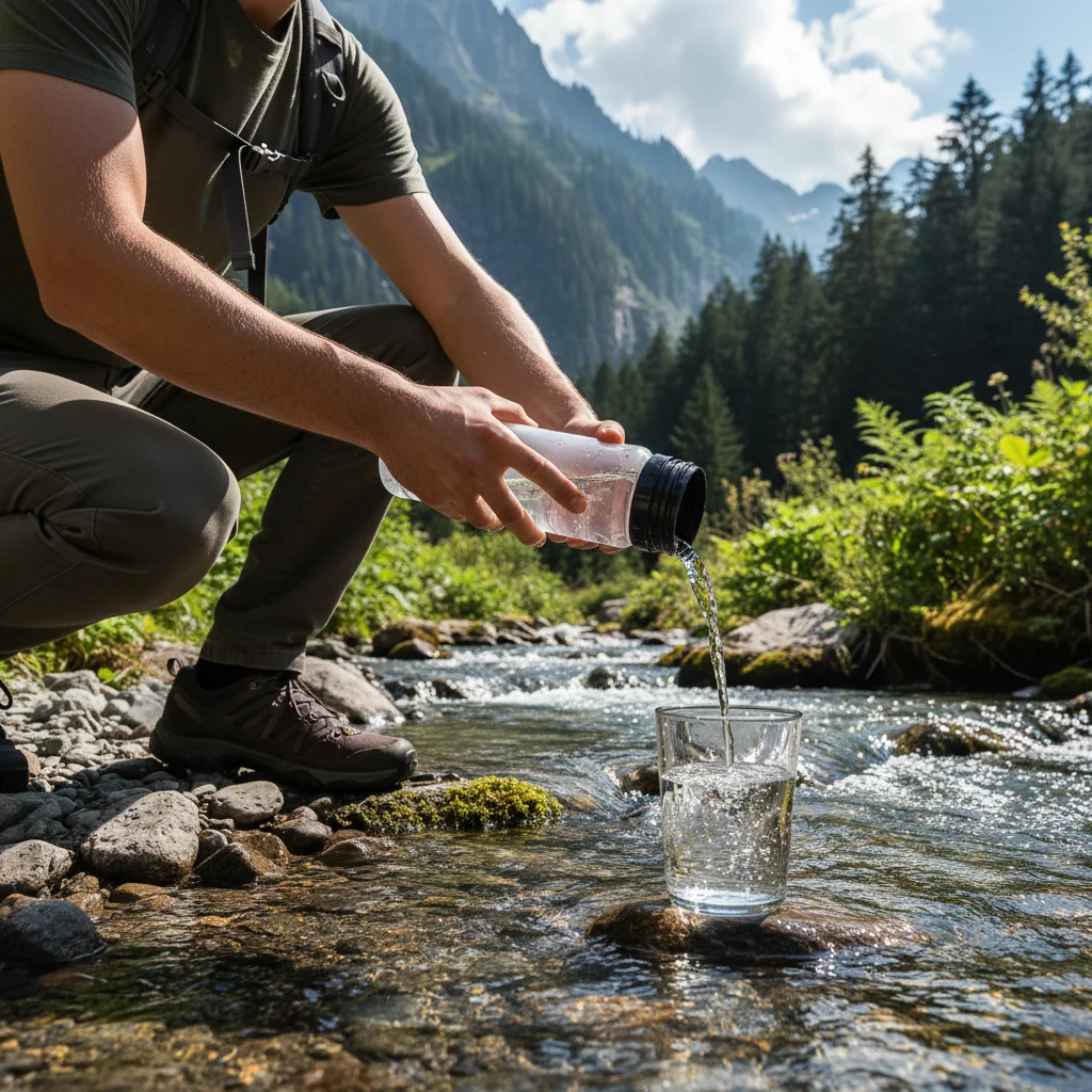 Person purifying stream water with a portable filter bottle.