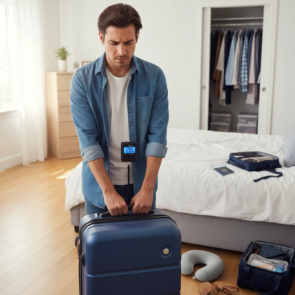 Traveler weighing luggage on a digital scale to avoid overweight baggage fees.