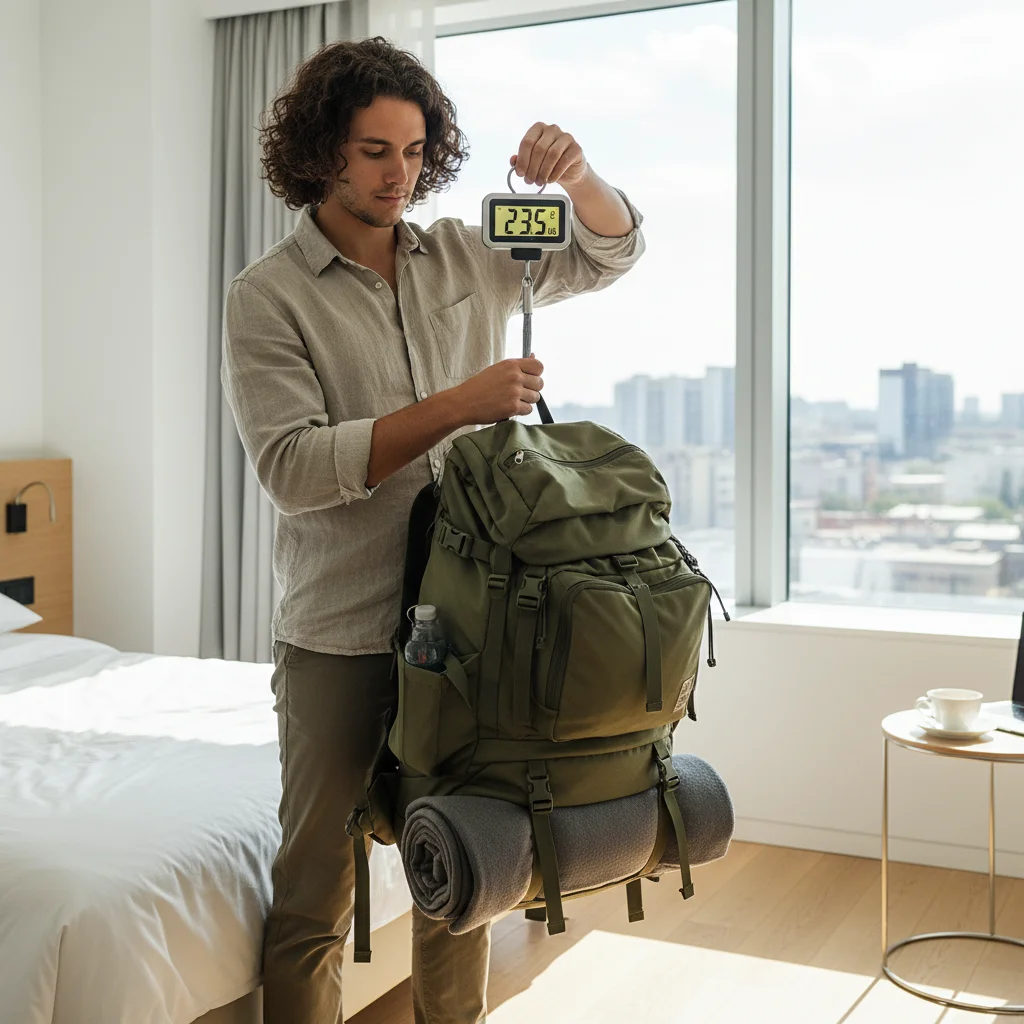 Traveler weighing backpack on digital luggage scale before a trip