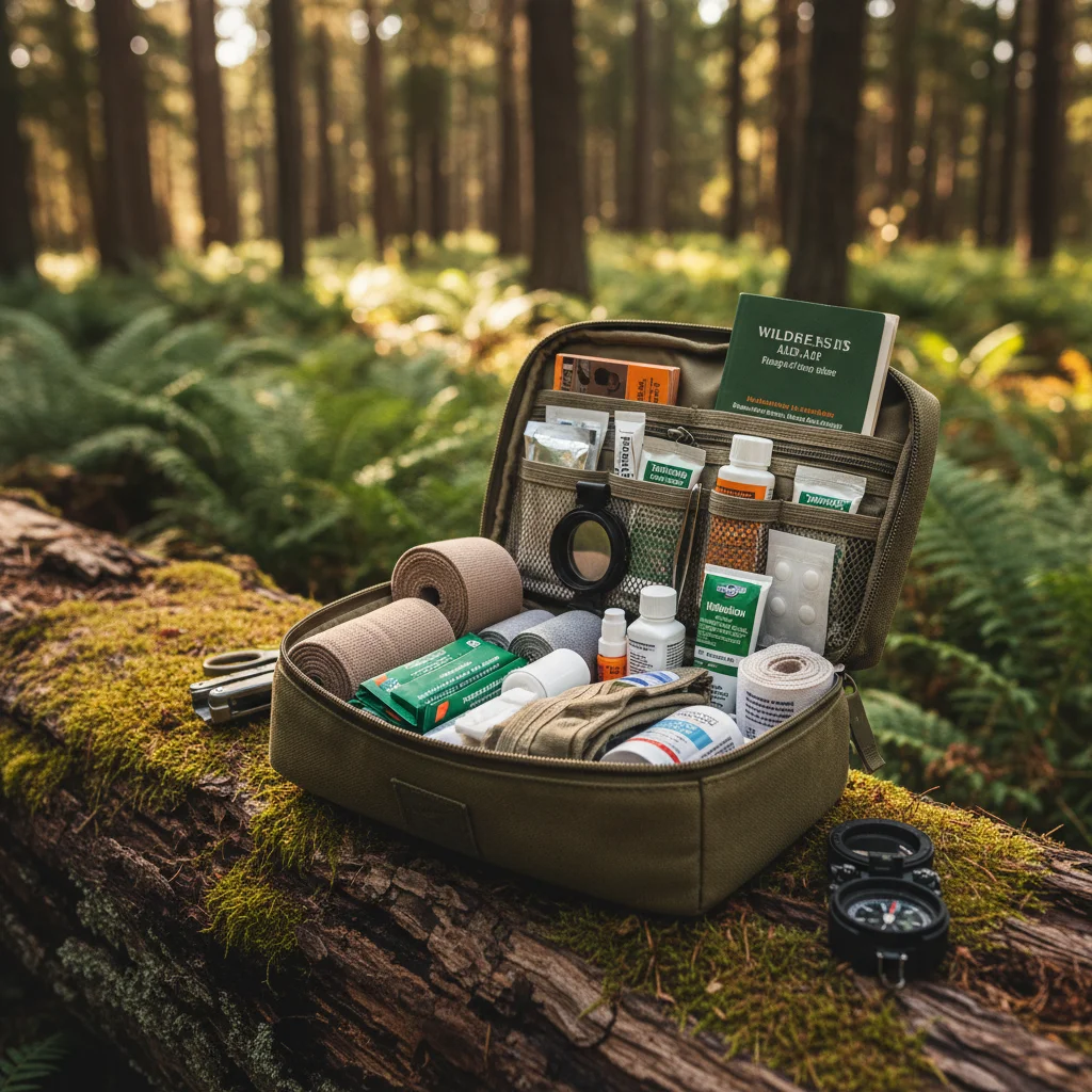Detailed view of an organized wilderness first aid kit with essential medical supplies for outdoor emergencies.