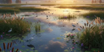 Sunrise over a diverse wetland ecosystem with birds and aquatic plants