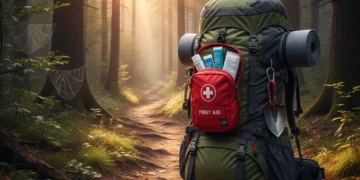 Backpack with wilderness first aid kit on a forest trail, ready for adventure.