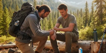 Two individuals practicing wilderness first aid in a scenic mountain environment, demonstrating essential outdoor medical skills.