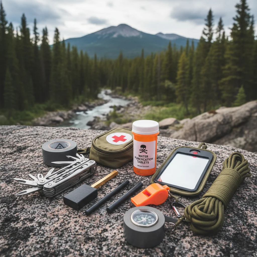 Essential wilderness survival kit contents laid out on a rock.