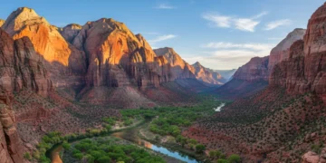 Sunrise over Zion National Park with towering red rock cliffs and winding river.